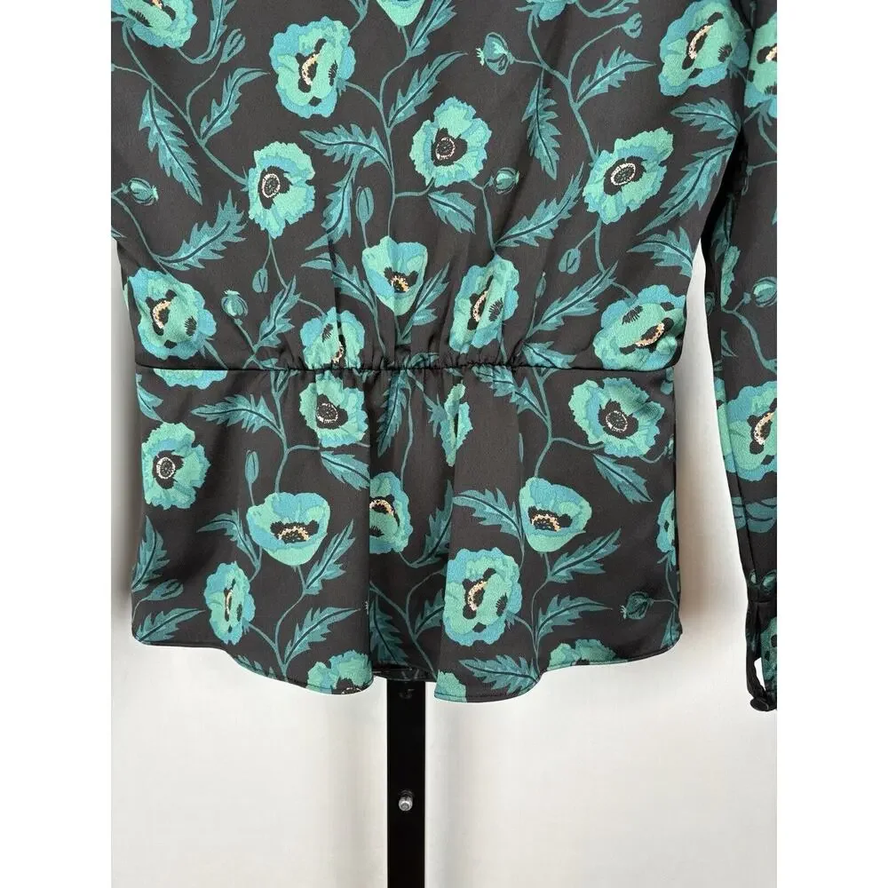 J. Crew Satin Back Crepe Button-front Blouse 0 Black Green Floral V-Neck NWT - Picture 11 of 12